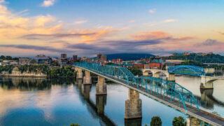 Aerial View Of Downtown Chattanooga, A Small City In Tennessee Divided By The Tennessee River, South Central United States