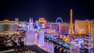Panoramic view of Las Vegas Strip at night in Nevada