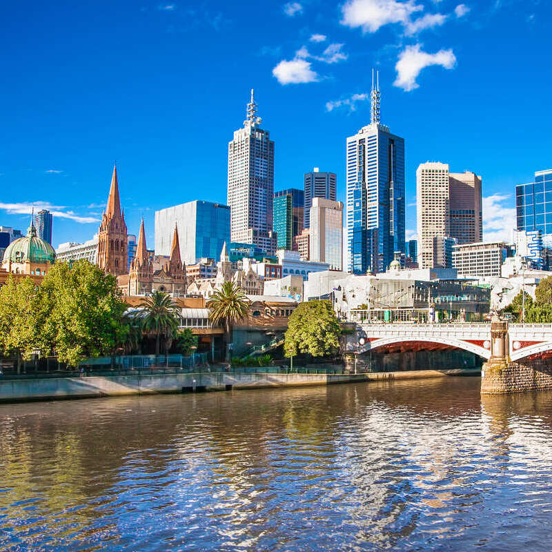 Melbourne Skyline Looking Into Flinders Street and A Modern District Filled With Skyscrapers, Melbourne, Australia