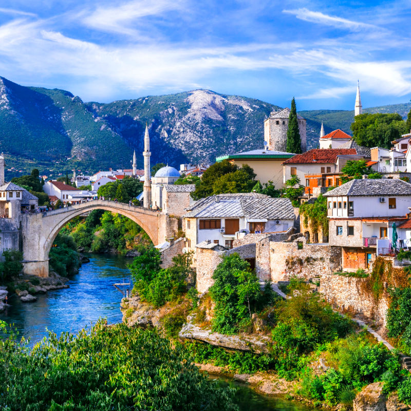 mostar city view with mountain in the background