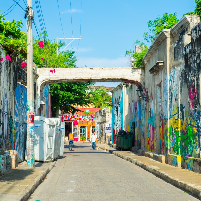 street with colorful murals in Getsemani, Cartagena Colombia