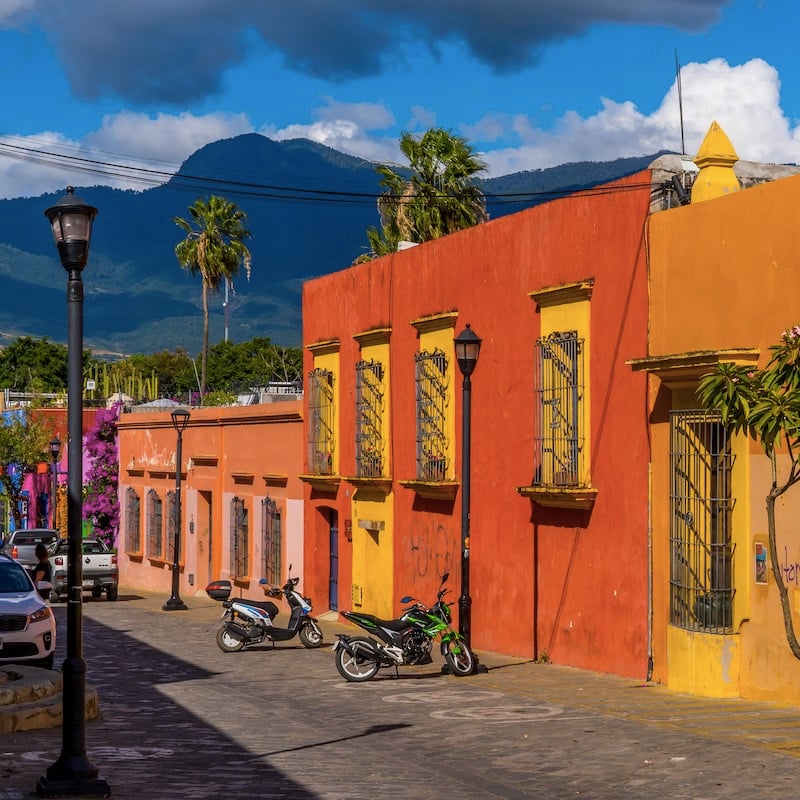 Oaxaca, Mexico - November 7, 2021 - a street with beautiful colorful colonial houses in the centro historico