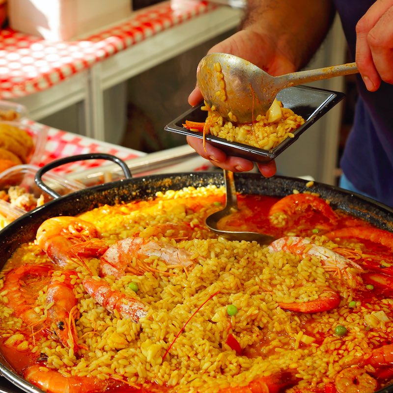 Paella preparation - street market stand near Barcelona Cathedral square