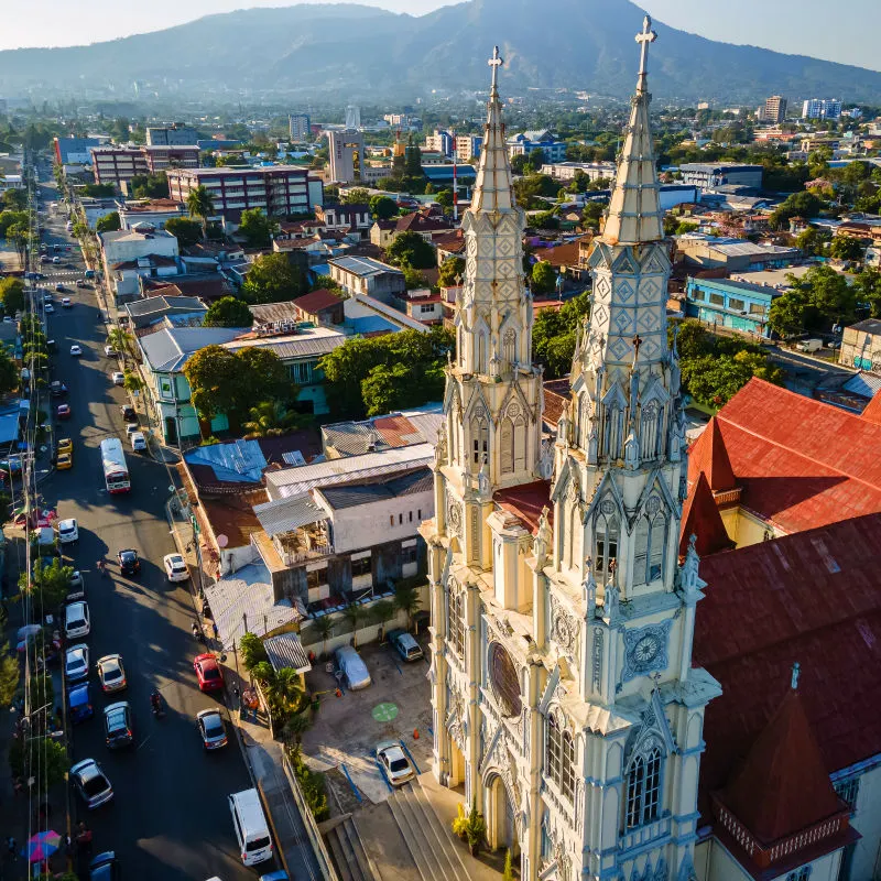 Beautiful aerial view of the City of San Salvador, capital of El Salvador - Its cathedrals and buildings