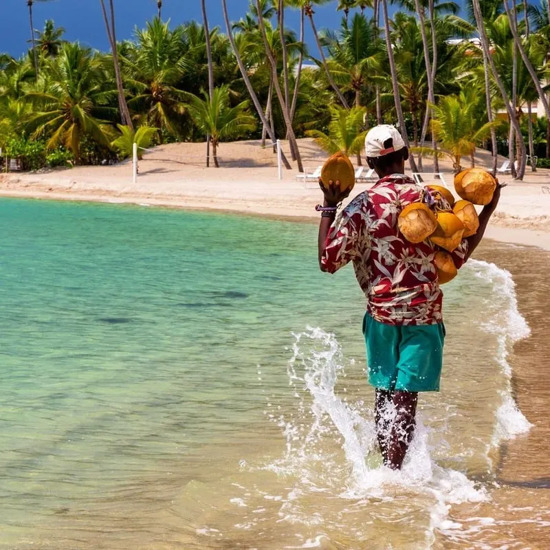 Coconut Seller Walking The Beach In The Dominican Republic, Caribbean Sea