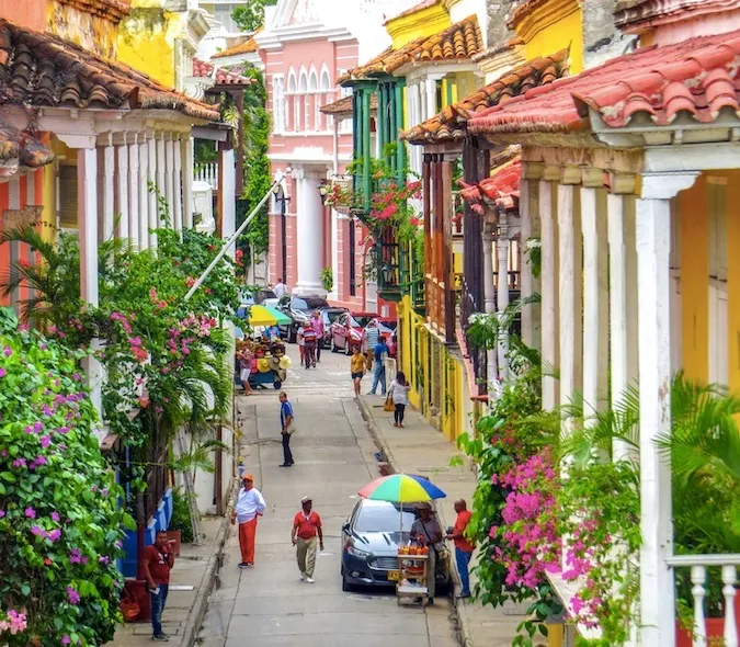 Street in walled city in Cartagena, Colombia