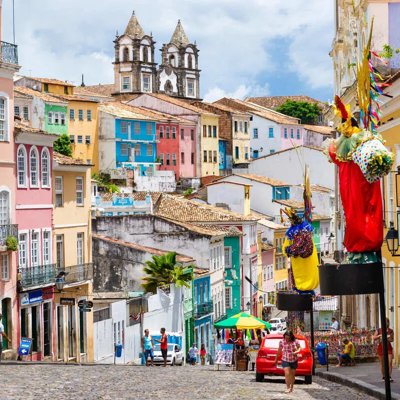 Colorful Streets In The Pelourinho District, Old Historical Center Of Salvador, Bahia, Brazil