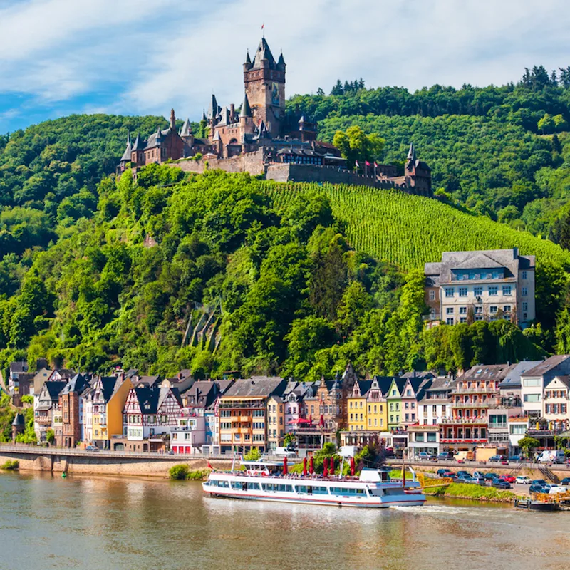 Reichsburg Castle aerial panoramic view in Cochem in Moselle valley, Germany