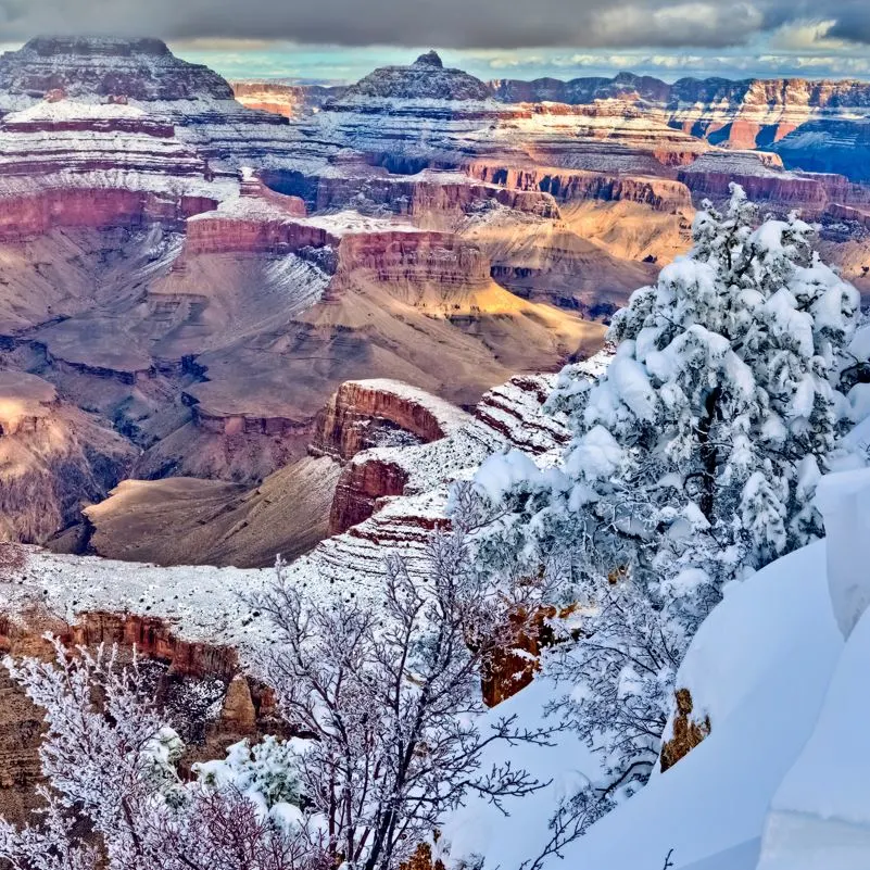 Grand Canyon in the winter with snow topped peaks