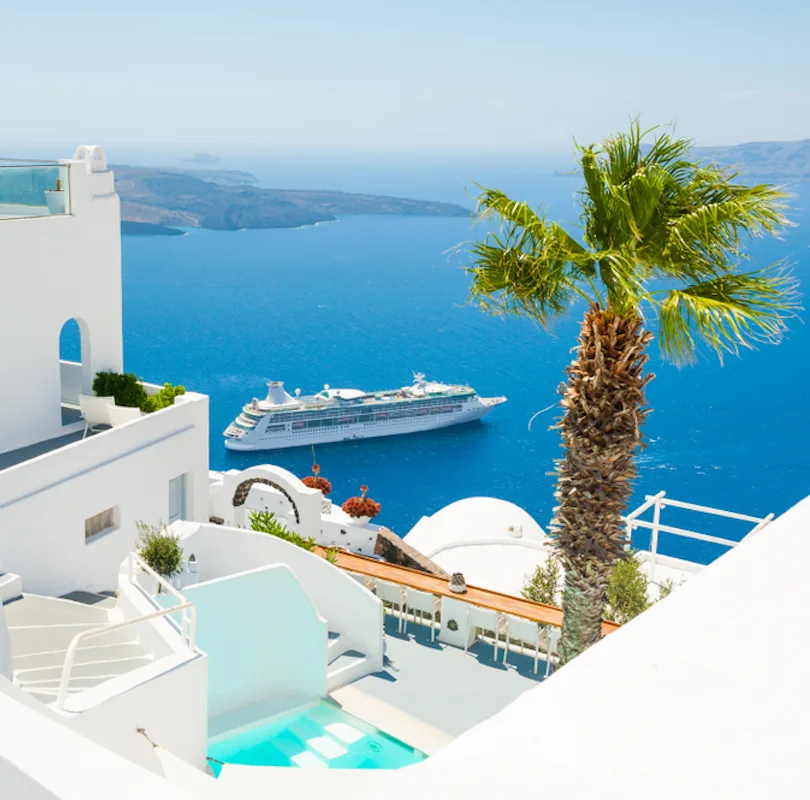 White architecture on Santorini island, Greece. Beautiful summer landscape, sea view.