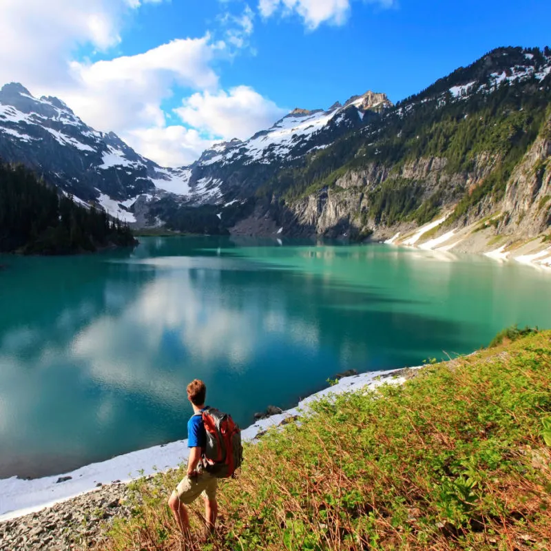 Hiker on the Blanca Lake, Washington. State.