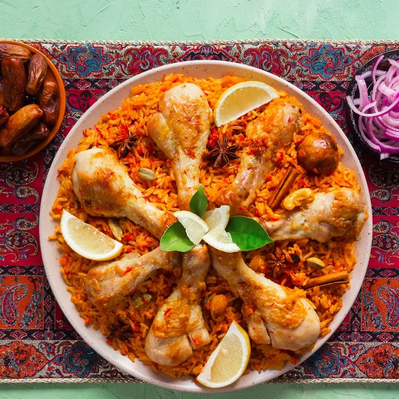 Qatari Chicken Majboos - national dish of Bahrain and Qatar. Arabic cuisine.