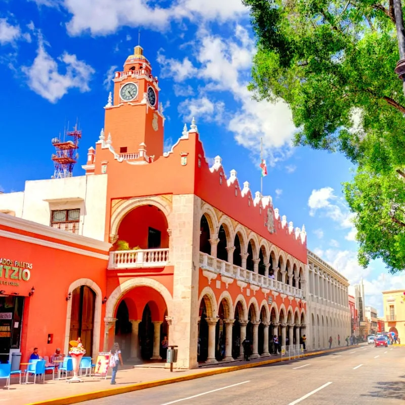 Merida, Mexico. Plaza Grande, charming spanish colonial city downtown in Yucatan Peniunsula colored houses architecture