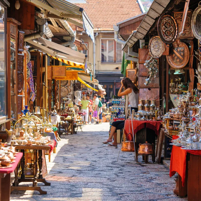 sarajevo market with wares lining the streets