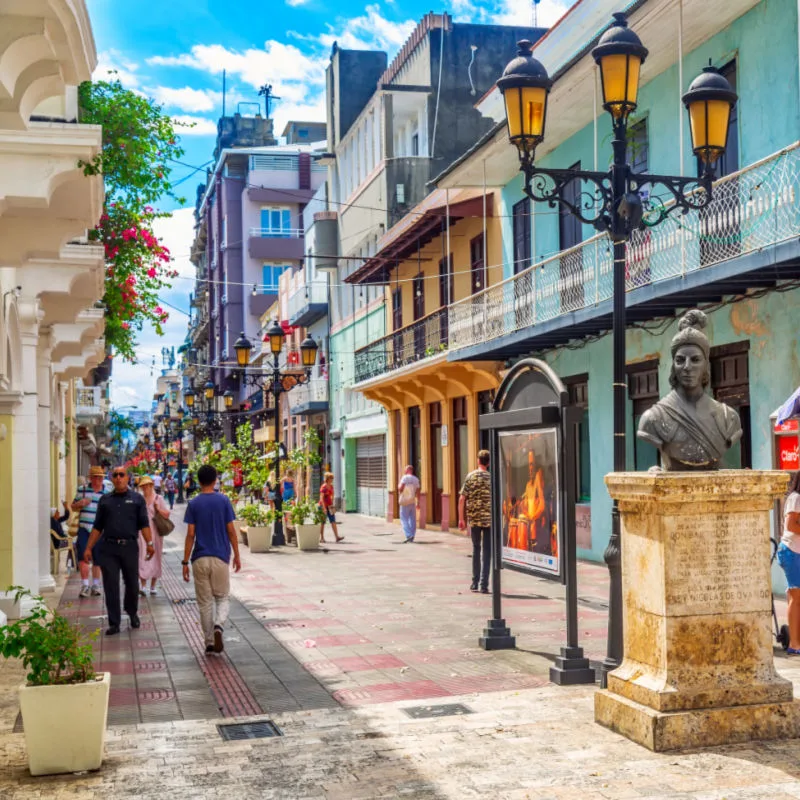 Statue of Bartholomew Columbus on Calle el Conde street in the colonial city center of Santo Domingo, Dominican Republic