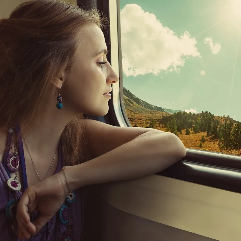 Traveler Admiring Landscapes From Train, Unspecified Location