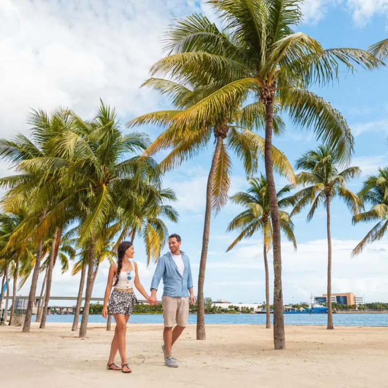 young couple walking on a beach by palm trees in miami florida